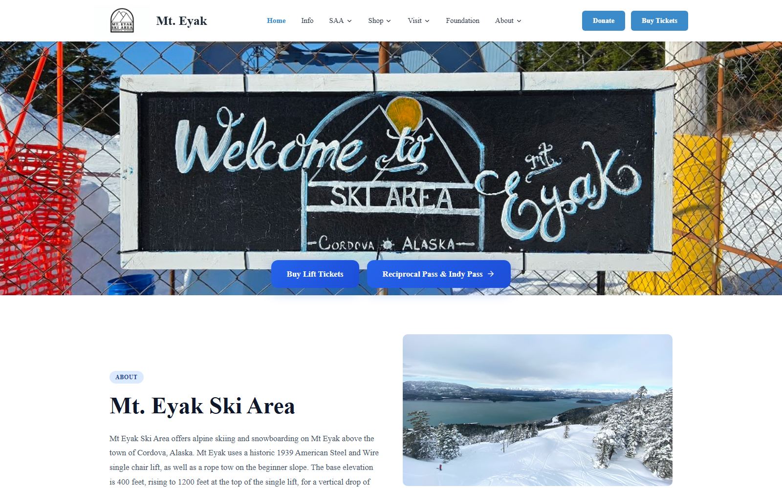 Full-page capture of the Mt. Eyak Ski Area website